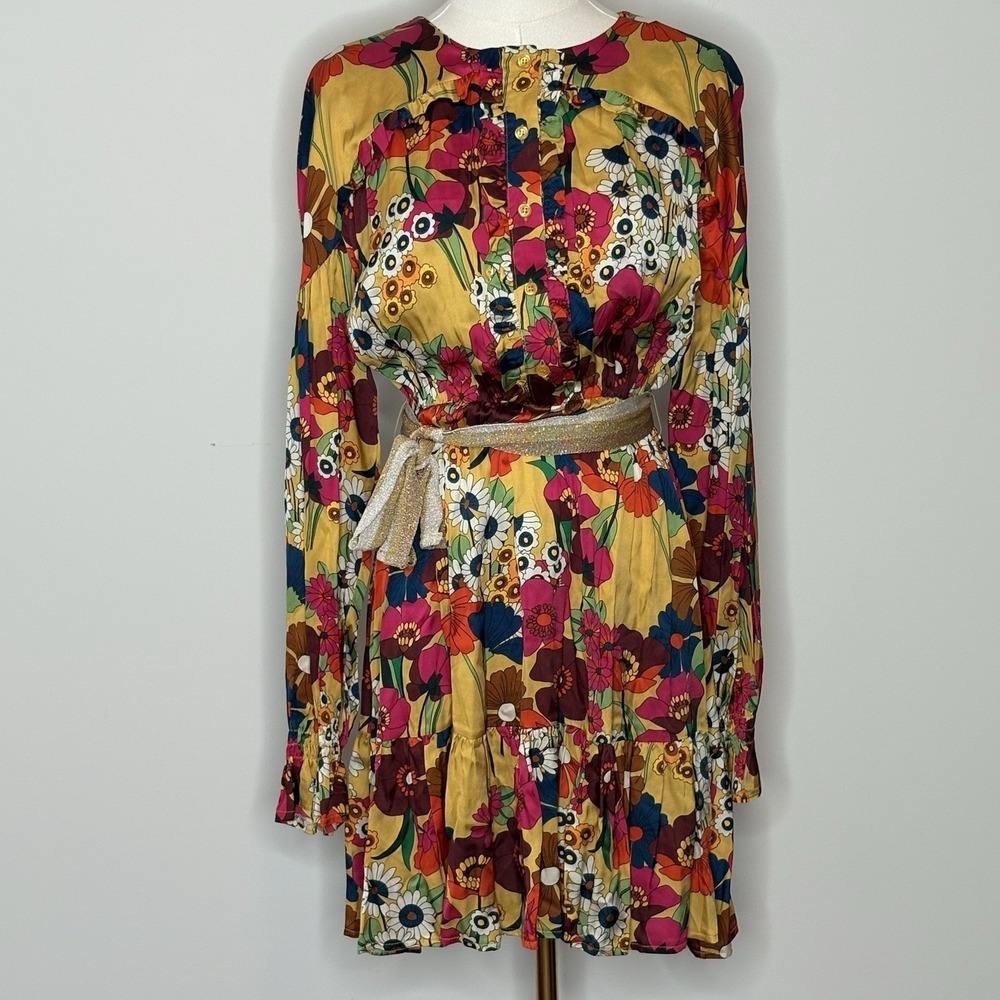 Dixie Italian Floral Long Sleeve Belted Retro Mini Dress Womens Size Medium